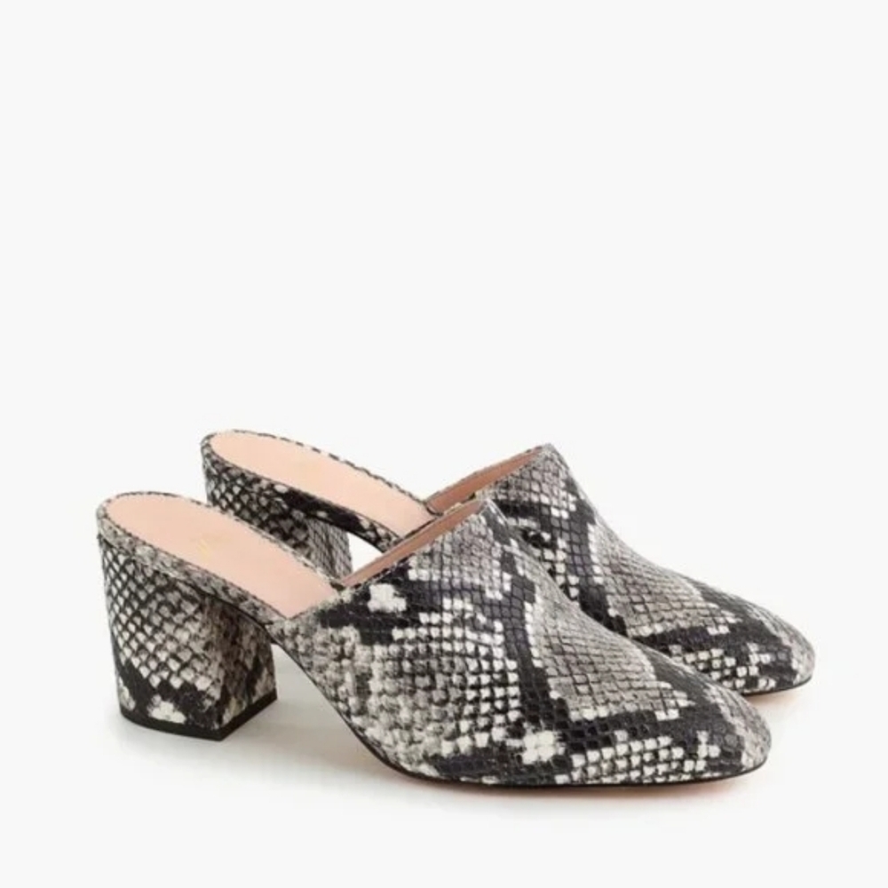 J. Crew Sophia Snakeskin Patterned Block Heel Mules Sz 7.5 Gray Black